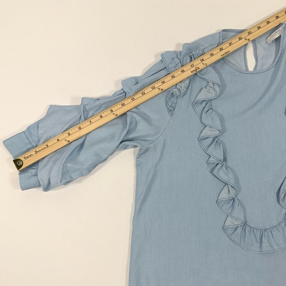 Light Blue Chambray Ruffle Denim Blouse Zara Cottagecore Boho Top Size L Large - Picture 6 of 7